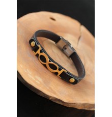 Gold Renk Sonsuzluklu Metal Aksesuarlı Siyah Deri Erkek Bileklik - TJ-EB2544-KS