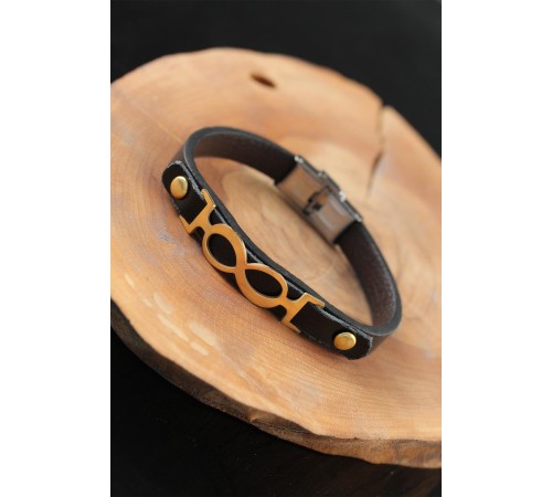 Gold Renk Sonsuzluklu Metal Aksesuarlı Siyah Deri Erkek Bileklik - TJ-EB2544-KS