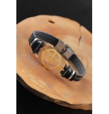 Gold Renk Barış Figürlü Metal Aksesuarlı Siyah Renk Deri Erkek Bileklik - TJ-EB2549-KS