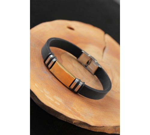 Gold Renk Metal Aksesuarlı Siyah Renk Deri Erkek Bileklik - TJ-EB2550-KS