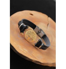 Gold Renk Metal Ağaçlı Tasarım Siyah Renk Deri Erkek Bileklik - TJ-EB2552-KS