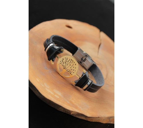 Gold Renk Metal Ağaçlı Tasarım Siyah Renk Deri Erkek Bileklik - TJ-EB2552-KS