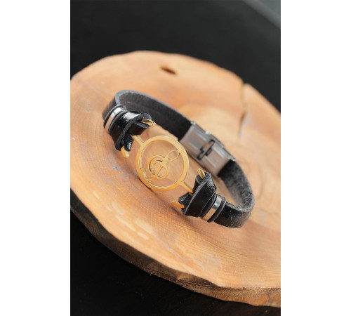 Gold Renk Metal Sol Anahtarlı Tasarım Siyah Renk Deri Erkek Bileklik - TJ-EB2554-KS