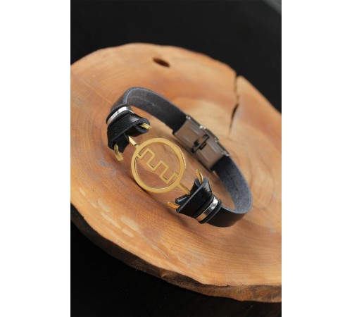 Gold Renk Metal Labirent Tasarım Siyah Renk Deri Erkek Bileklik - TJ-EB2555-KS