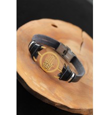 Gold Renk Metal Fatma Ana Eli Tasarım Siyah Renk Deri Erkek Bileklik - TJ-EB2558-KS