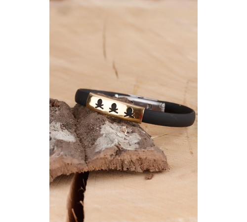 Siyah Silikon Sarı Renk Çelik Aksesuar Kuru Kafa Detaylı Erkek Bileklik - TJ-EB930