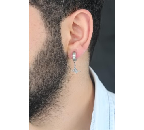 Silver Renk Kaplama Osmanlı Tuğra Figürlü Kıstırmalı Çelik Erkek Küpe - TJ-EKP117