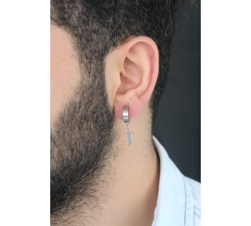 Silver Renk Kaplama Kılıç Figürlü Çelik Kıstırmalı Erkek Küpe - TJ-EKP129