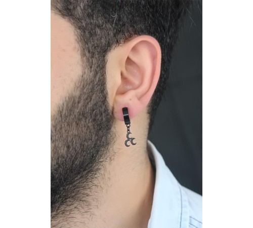 Siyah Renk Kaplama 3 Hilal Figürlü Çelik Kıstırmalı Erkek Küpe - TJ-EKP133