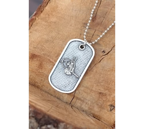 Top Zincirli Osmanlı Tuğrası Tasarım Eskitme Gümüş Renk Kolye - TJ-ERK641-KS