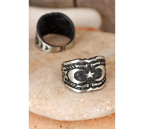 Çift Hilal Figürlü Kare Füme Gri Renk Ayarlamalı Erkek Yüzük - TJ-EY174