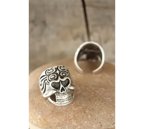 Eskitme Gümüş Renk Kuru Kafalı Erkek Ayarlamalı Yüzük - TJ-EY190