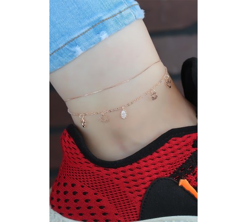 Zirkon Taşlı Rose Renk Çift Zincirli Hal Hal - TJ-HH1008-KS