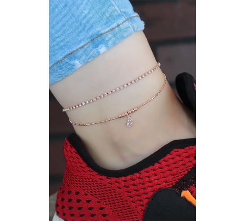 Zirkon Taşlı Rose Renk Kaplama Çift Zincirli Hal Hal - TJ-HH991-KS