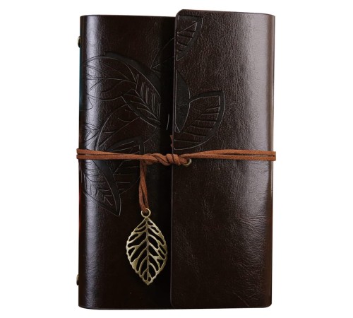 Büyük Yaprak Desenli Deri Defter Koyu Kahverengi