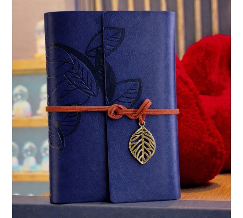 Lacivert Deri Yaprak Desenli Defter