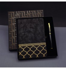 Gold Desen Siyah Deri Defter Kalem Set