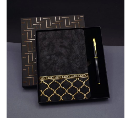 Gold Desen Siyah Deri Defter Kalem Set