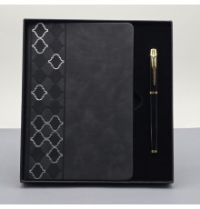 Desenli Siyah Deri Defter Kalem Set