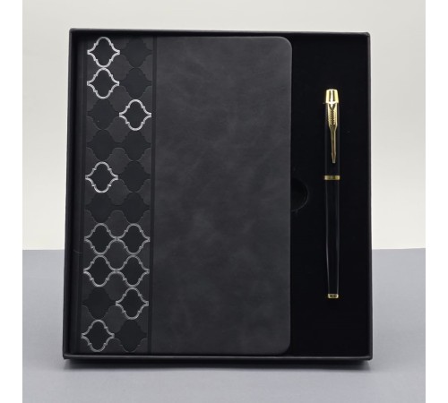 Desenli Siyah Deri Defter Kalem Set