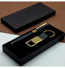 Hediyelik Siyah Kalem Ve Gold Deri Anahtarlık Kutulu Set