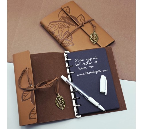 Siyah Yapraklı Deri Defter Ve Kalem Seti