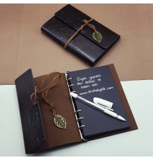 Beyaz Jel Kalem Ve Siyah Yapraklı Deri Hatıra Defteri