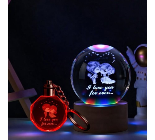Renk Değiştiren Sevgililer Temalı Cam Küre Ve Işıklı Kristal Anahtarlık