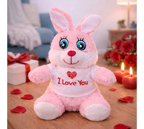 I Love You Tişörtlü Sevimli Pembe Peluş Tavşan