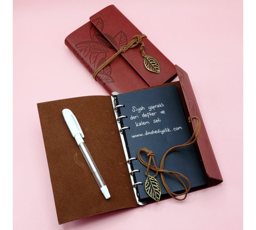 Kahverengi Siyah Yapraklı Deri Defter Ve Beyaz Jel Kalem Set