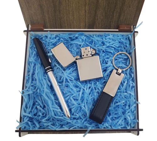 Özel Ahşap Kutulu Silver Roller Kalem Çakmak ve Deri Anahtarlık Seti