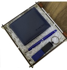 Mavi Cüzdan Kalem ve Deri Mavi Anahtarlık Set