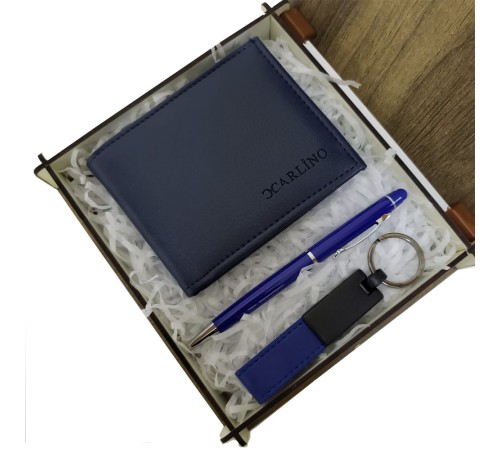 Mavi Cüzdan Kalem ve Deri Mavi Anahtarlık Set