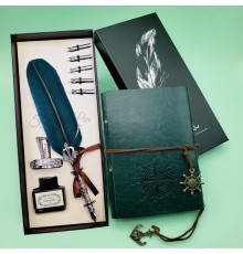 Deri Defter ve Tüylü Mürekkepli Kalem Seti Yeşil