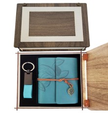Özel Ahşap Kutulu Mavi Deri Defter ve Anahtarlık Set