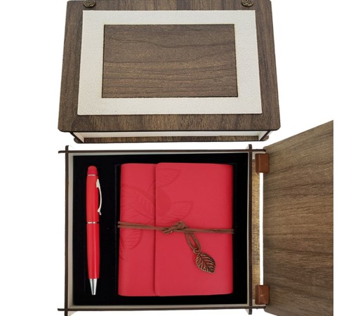 Özel Ahşap Kutulu Kırmızı Deri Defter ve Kalem Set
