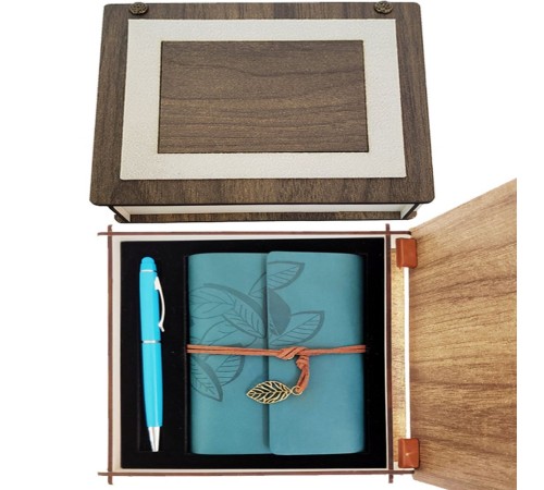 Özel Ahşap Kutulu Mavi Deri Defter ve Kalem Set