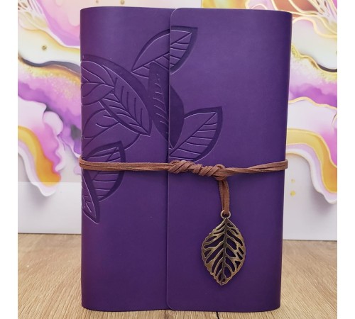 Yaprak Desenli Çizgisiz Deri Defter Mor