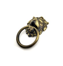 Antika Tarz Dekoratif Pirinç Aslan Kapı Tokmağı, Taktak - 102x130 mm, Antik
