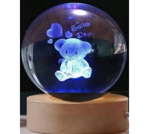 Dekoratif Ayıcık Tasarımlı Ahşap altlıklı Işıklı Cam Küre Büyük Boy Cam:8cm Ahşap:2cm