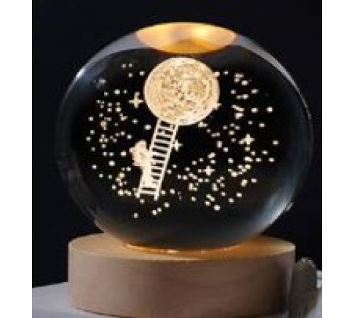 Dekoratif Merdiven Astronot Tasarımlı Ahşap altlıklı Işıklı Cam Küre Büyük Boy Cam:8cm Ahşap:2cm
