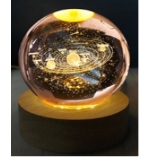 Dekoratif Gezegen Tasarımlı Ahşap altlıklı Işıklı Cam Küre Büyük Boy Cam 8 Cm Ahşap 2 Cm