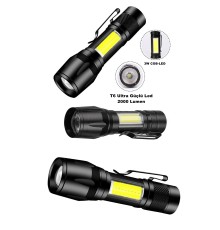 Ultra Çift Yönlü Güçlü Pilli Led El Feneri 2000 Lümen 6W Cob Led Su Geçirmez Zoomlu 3 Modlu