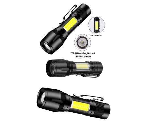 Ultra Çift Yönlü Güçlü Pilli Led El Feneri 2000 Lümen 6W Cob Led Su Geçirmez Zoomlu 3 Modlu