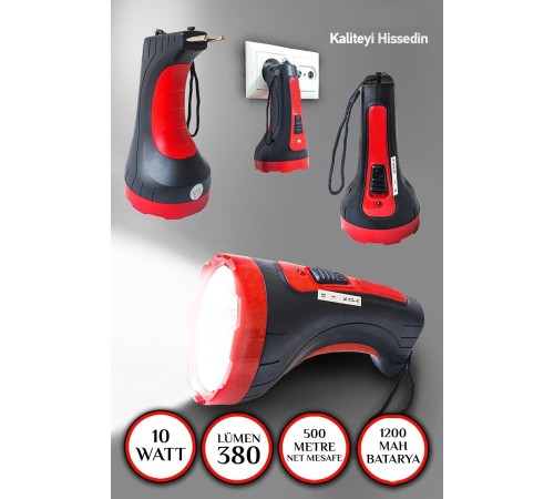 Şarjlı 10w Projektör Led El Fener 2 Mod Aydınlatmalı Uzun Menzil Güvenlik Bekçi Polis Feneri Işıldak
