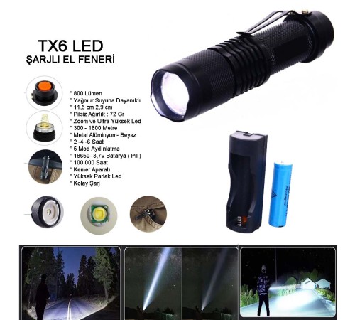Orjinal 800 Lümen T6 Şarjlı EL Feneri Wt-086