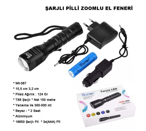 Şarjlı Pilli Zoomlu EL Feneri Wt-087