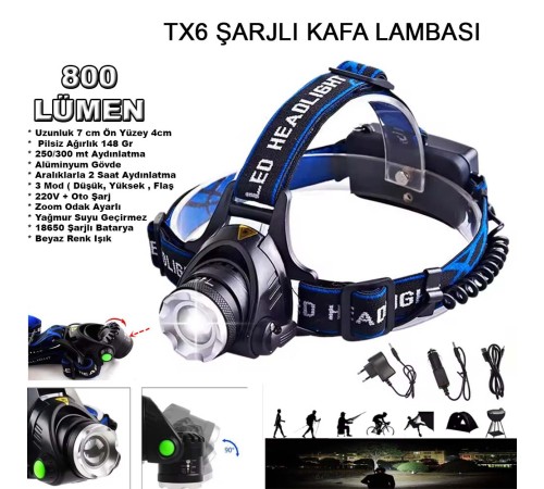Orjinal 800 Lümen Tx6 Şarjlı Zoomlu Kafa Feneri Wt-120
