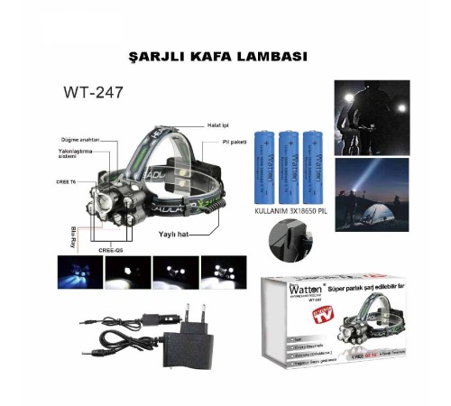 En Güçlü Kafa Feneri Çok Fonksiyonlu Ledli Wt-247