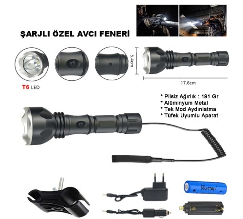 Orjinal 600 Lümen Tx6 Şarjlı Özel Avcı Feneri Wt-253